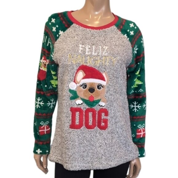 Ugly Christmas Sweater Fleece Feliz Naughty Dog Raglan Knit Pullover Holiday - Picture 1 of 11